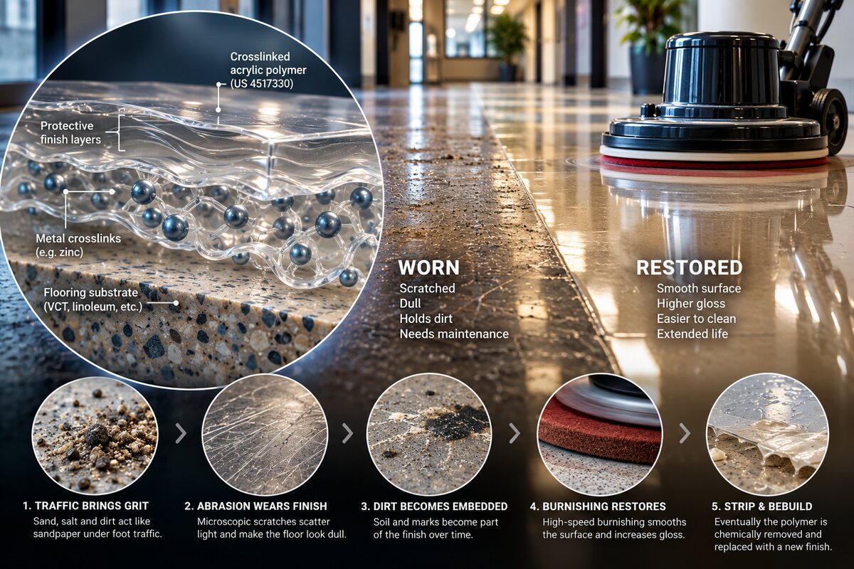 Illustration of a commercial hallway floor, worn and dull on one side and burnished to a high gloss on the other, with a cutaway showing clear acrylic finish layers held together by metal crosslinks over a tile substrate, and five steps: traffic brings grit, abrasion wears finish, dirt becomes embedded, burnishing restores, strip and rebuild &mdash; Binx Professional Cleaning