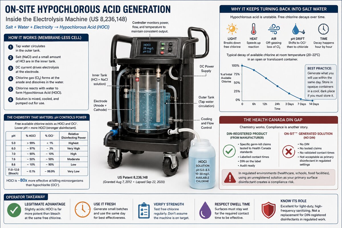 Cart-mounted electrolysis cell generating hypochlorous acid solution from salt and tap water in a commercial facility &mdash; Binx Professional Cleaning