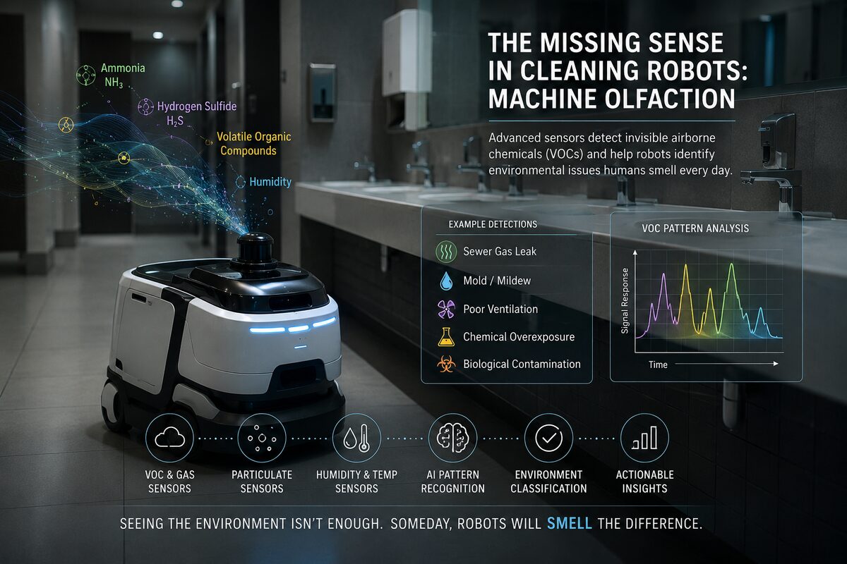 A robotic floor scrubber maps a facility with lidar and cameras while an experienced cleaner notices an odour the machine cannot detect &mdash; Binx Professional Cleaning