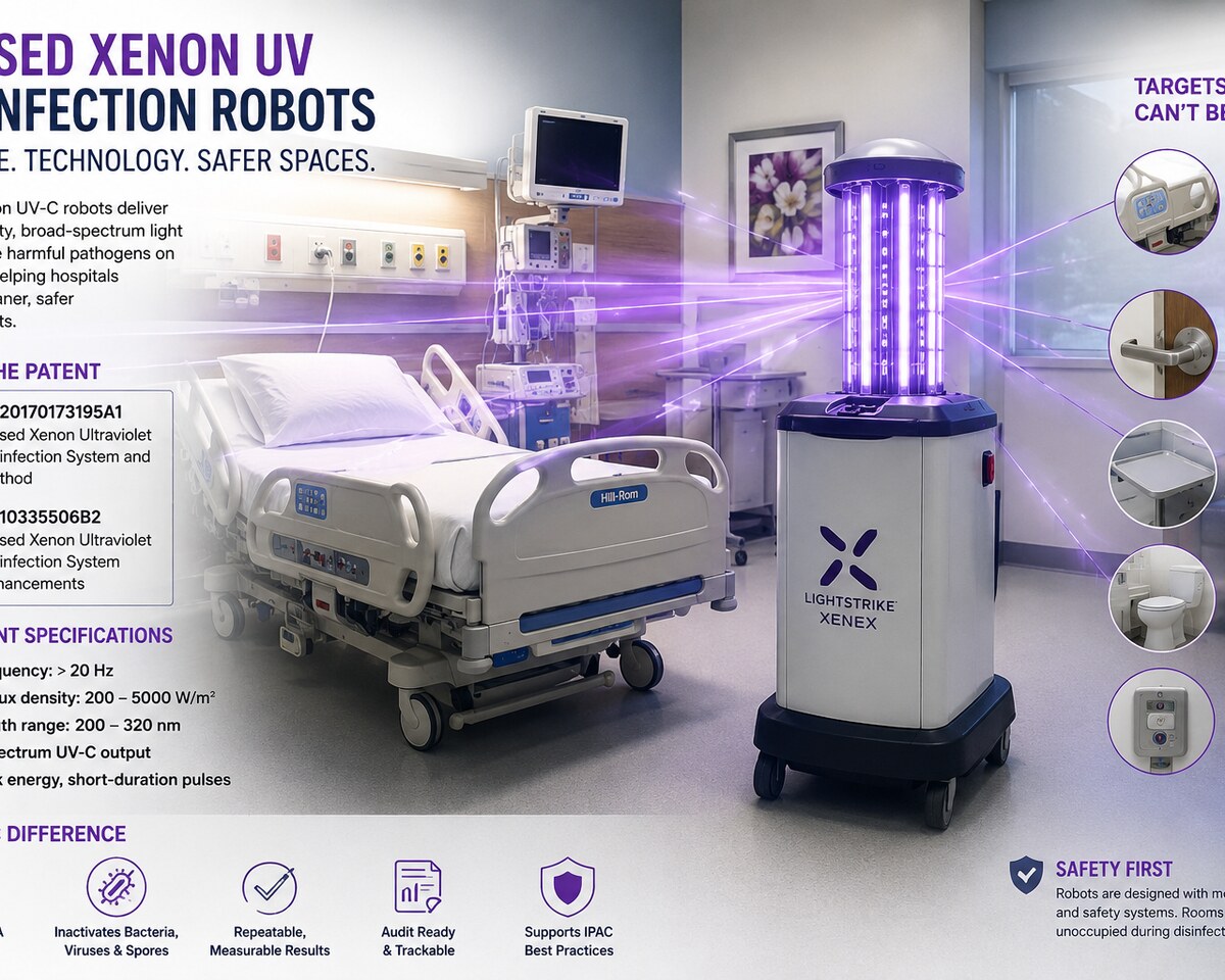 Pulsed xenon UV-C disinfection robot operating in an empty hospital room after terminal cleaning &mdash; Binx Professional Cleaning