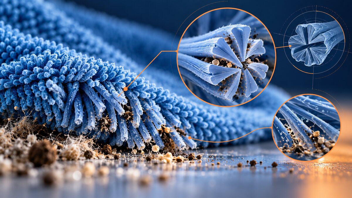 Macro illustration of a blue microfiber cleaning cloth lifting soil from a hard floor, with callouts showing a split fibre's wedge-shaped segments trapping particles and a cross-section of the segmented fibre &mdash; Binx Professional Cleaning